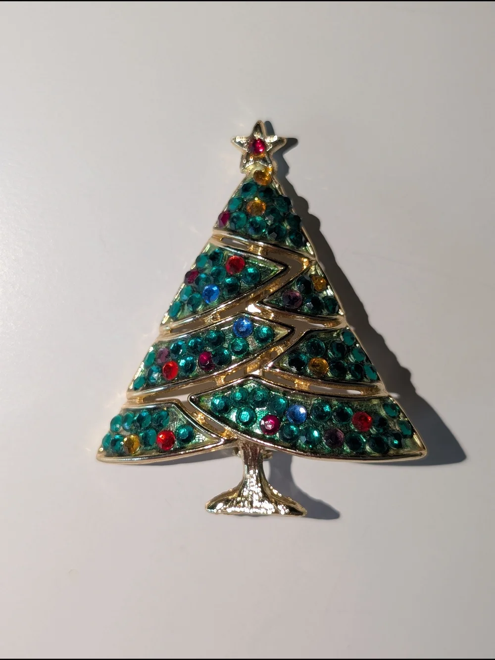 Vintage Christmas Tree Brooch with Multicolor Rhinestone Pavé and Star Topper